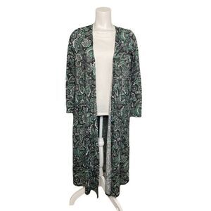 LuLaRoe Sarah Gray‎ Green Paisley Linen Blend Long Cardigan Duster Small